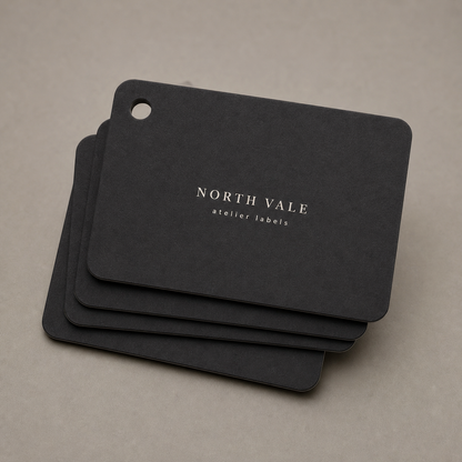 Black custom hang tags with logo for premium clothing packaging