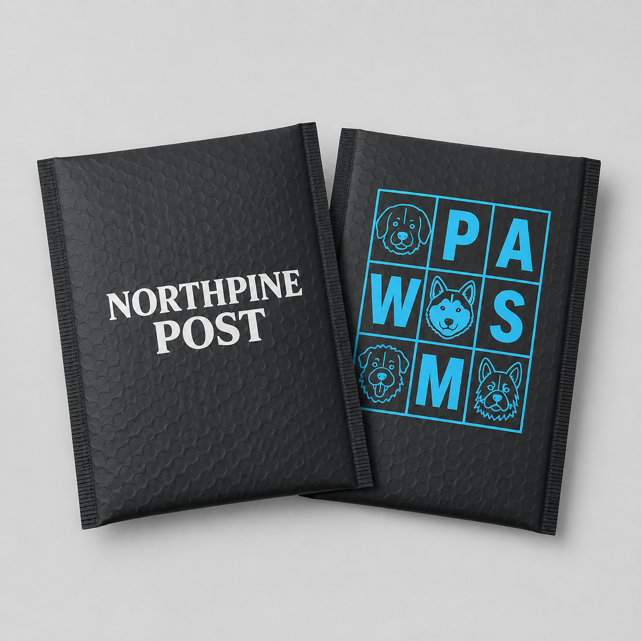 Custom black matte bubble mailers with white and blue logo printing for branded padded shipping envelopes.