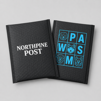 Custom black matte bubble mailers with white and blue logo printing for branded padded shipping envelopes.