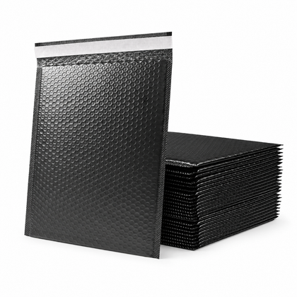 Black color option reference for custom matte bubble mailers with padded bubble texture and adhesive seal strip.