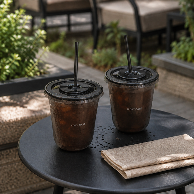 Two branded black PET U-shaped cold cups with straw-slot lids and black straws, filled with iced coffee on an outdoor cafe table.