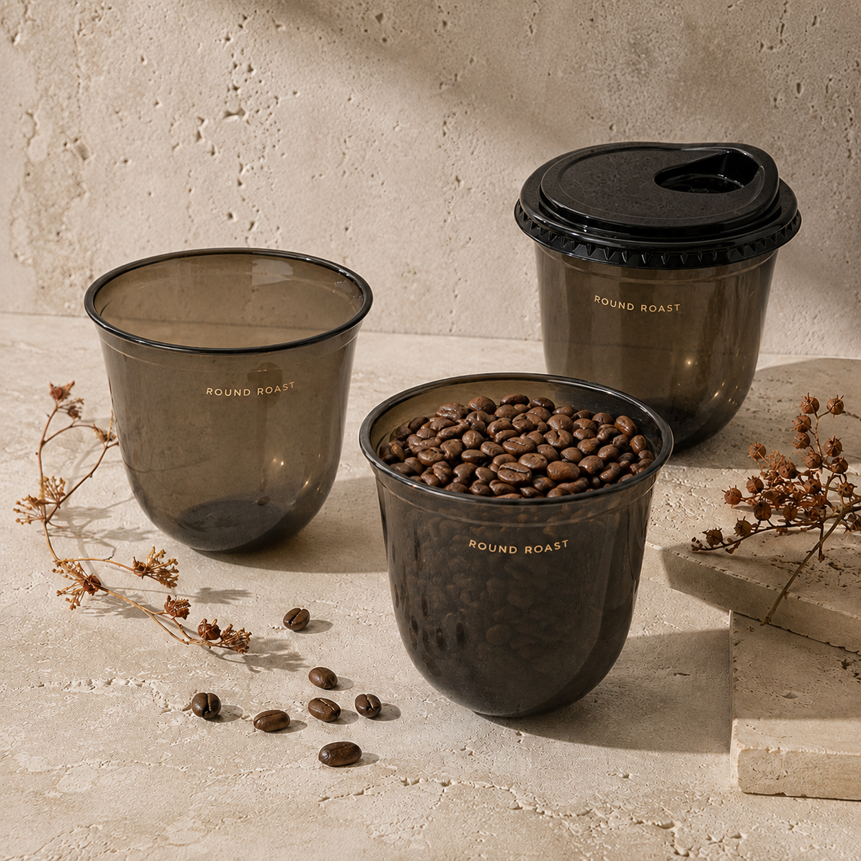 Custom black PET U-shaped cold cups shown with no lid, a sip lid, and branded coffee-bean presentation.