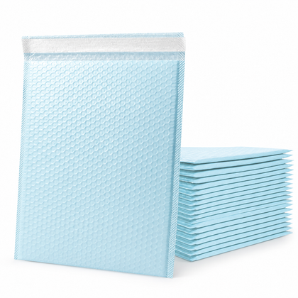 Blue color option reference for custom matte bubble mailers with protective bubble padding and adhesive flap.
