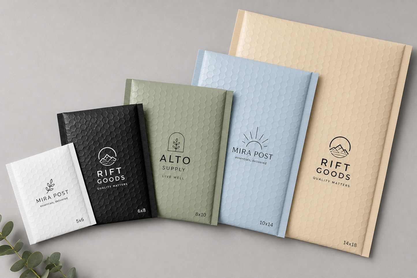 Custom bubble mailers with logo in multiple sizes for ecommerce shipping packaging