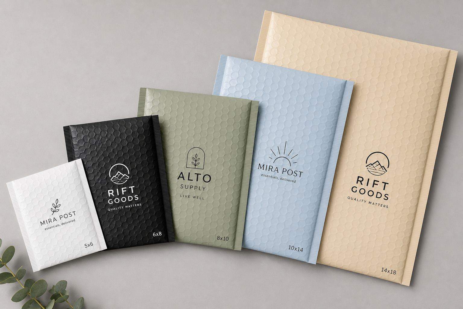 Custom bubble mailers with logo in multiple sizes for ecommerce shipping packaging
