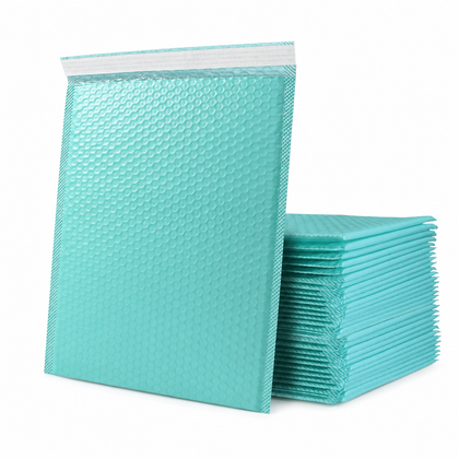 Cyan color option reference for custom matte bubble mailers with waterproof bubble padding and self-seal closure.