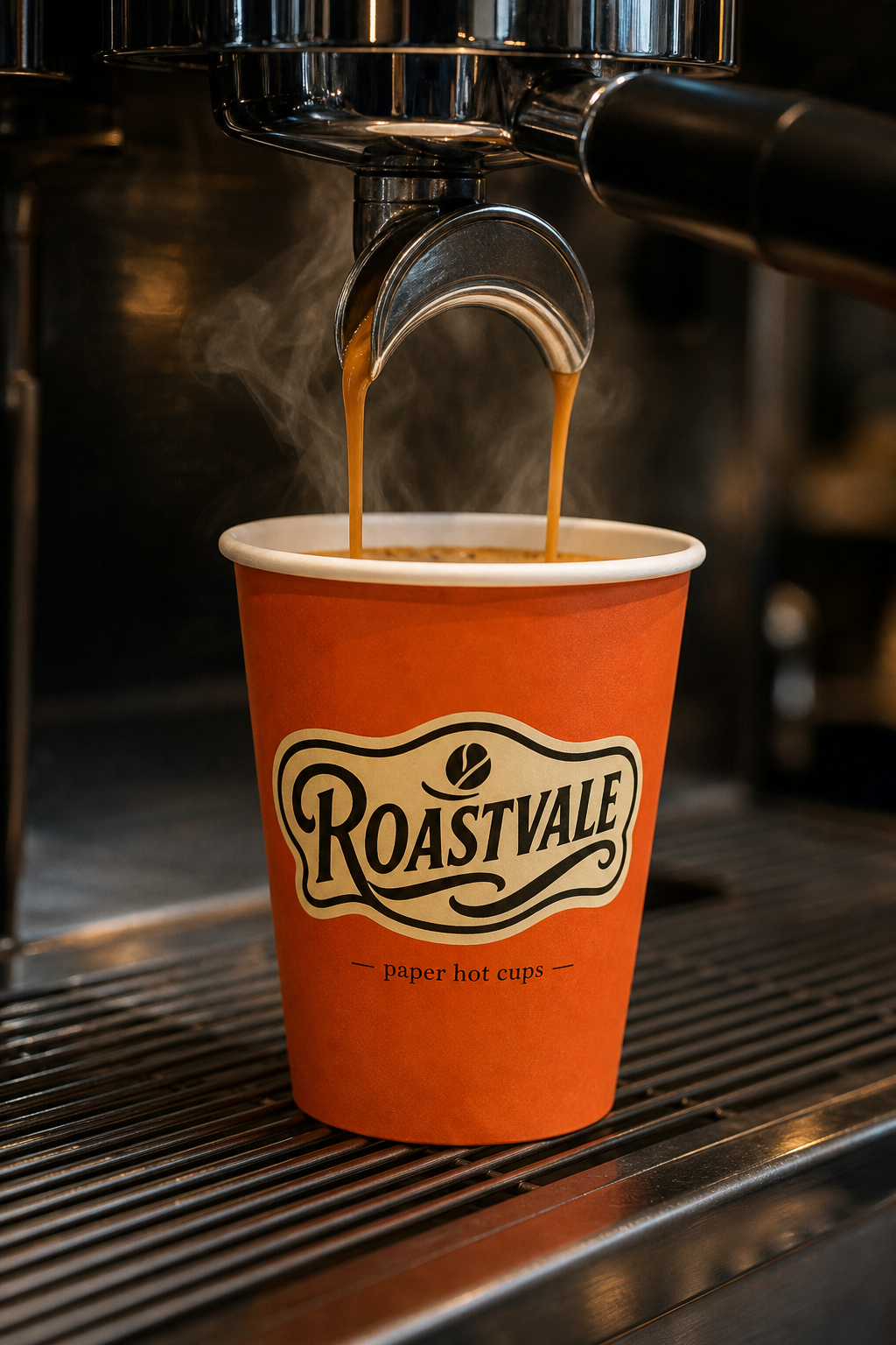 Custom disposable paper coffee cup with logo under an espresso machine for hot drink service