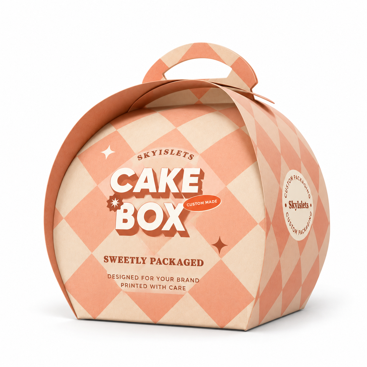 Custom printed dome cake box with curved panels and a built-in carry handle.