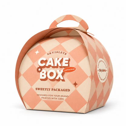 Custom printed dome cake box with curved panels and a built-in carry handle.
