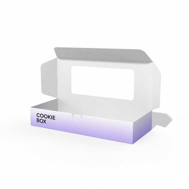 Custom flip-top cookie and pastry box shown open with a clear display window in the attached lid.