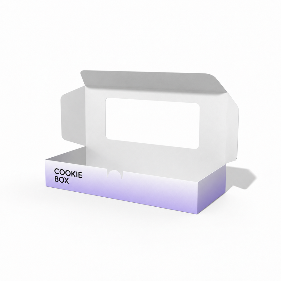 Custom flip-top cookie and pastry box shown open with a clear display window in the attached lid.