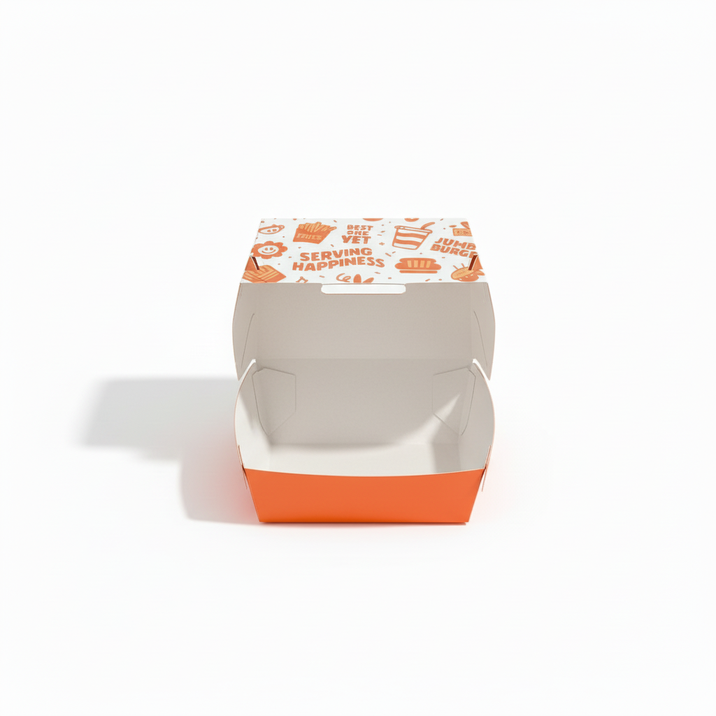 Custom food-safe burger box for fast food takeaway and delivery packaging
