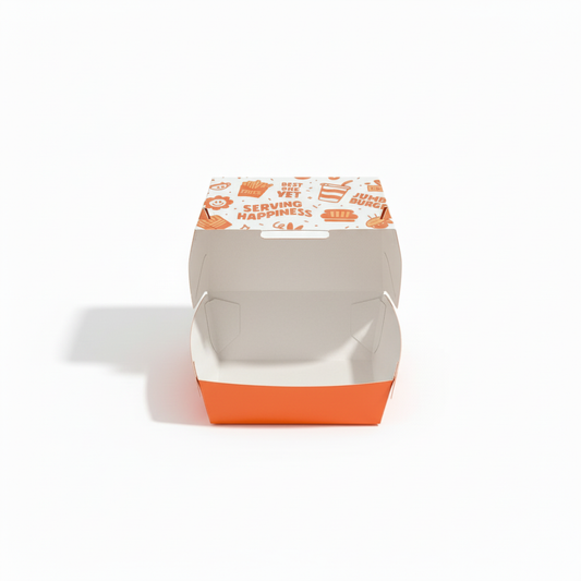 Custom food-safe burger box for fast food takeaway and delivery packaging

