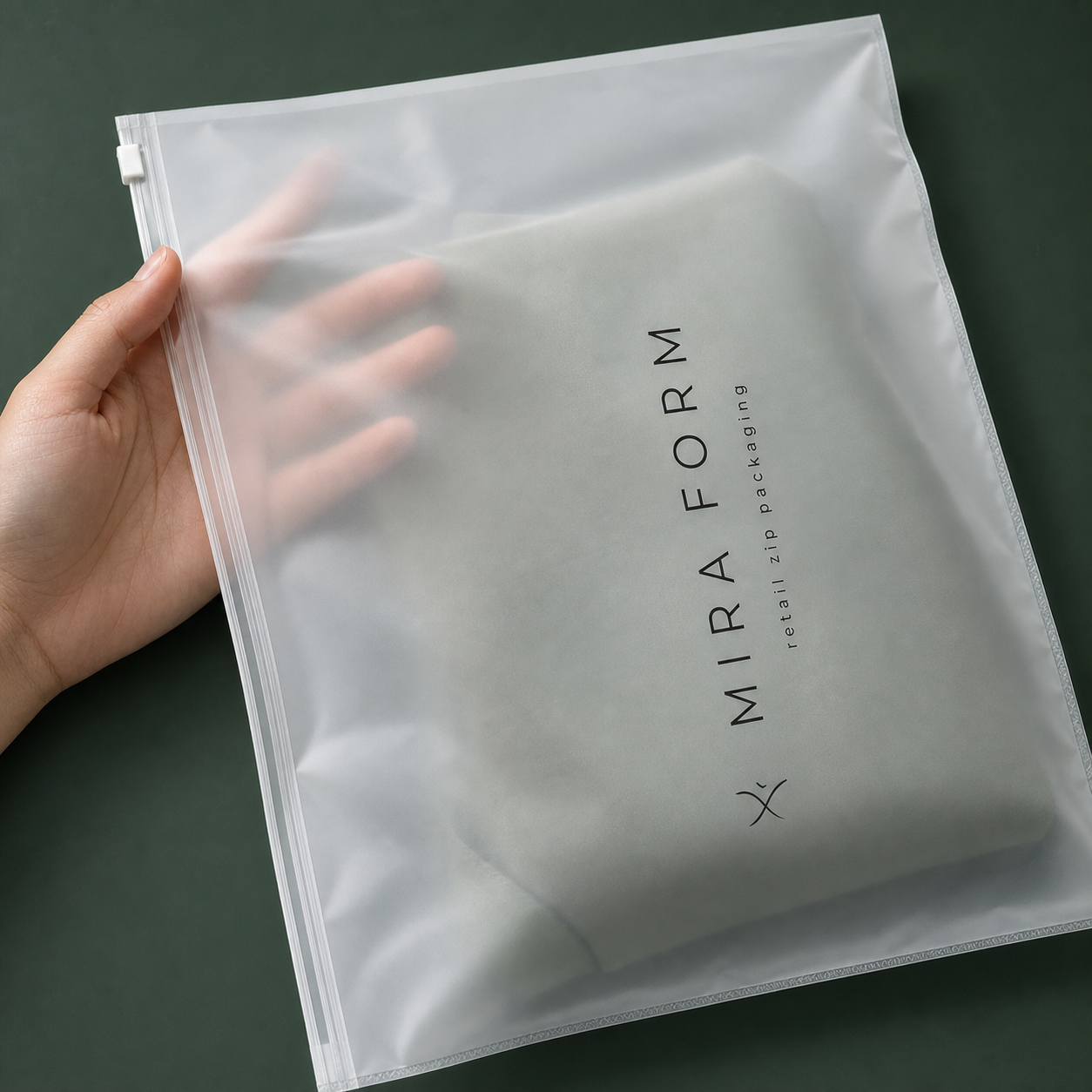 Semi-transparent custom frosted zipper bag with logo showing reusable zip closure