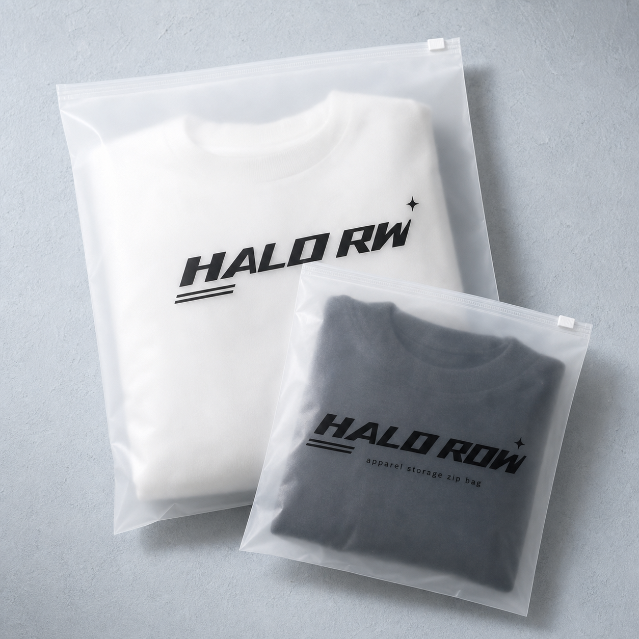 Overlapping custom frosted zipper bags with logo for apparel storage and retail packaging