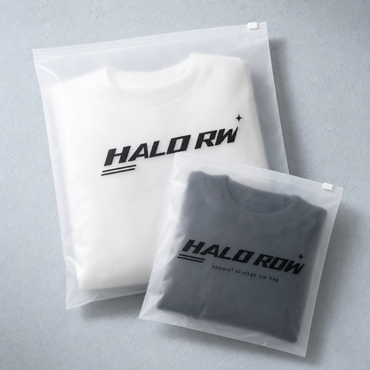 Overlapping custom frosted zipper bags with logo for apparel storage and retail packaging