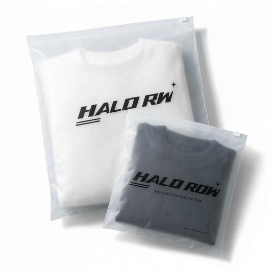 Overlapping custom frosted zipper bags with logo for apparel storage and retail packaging