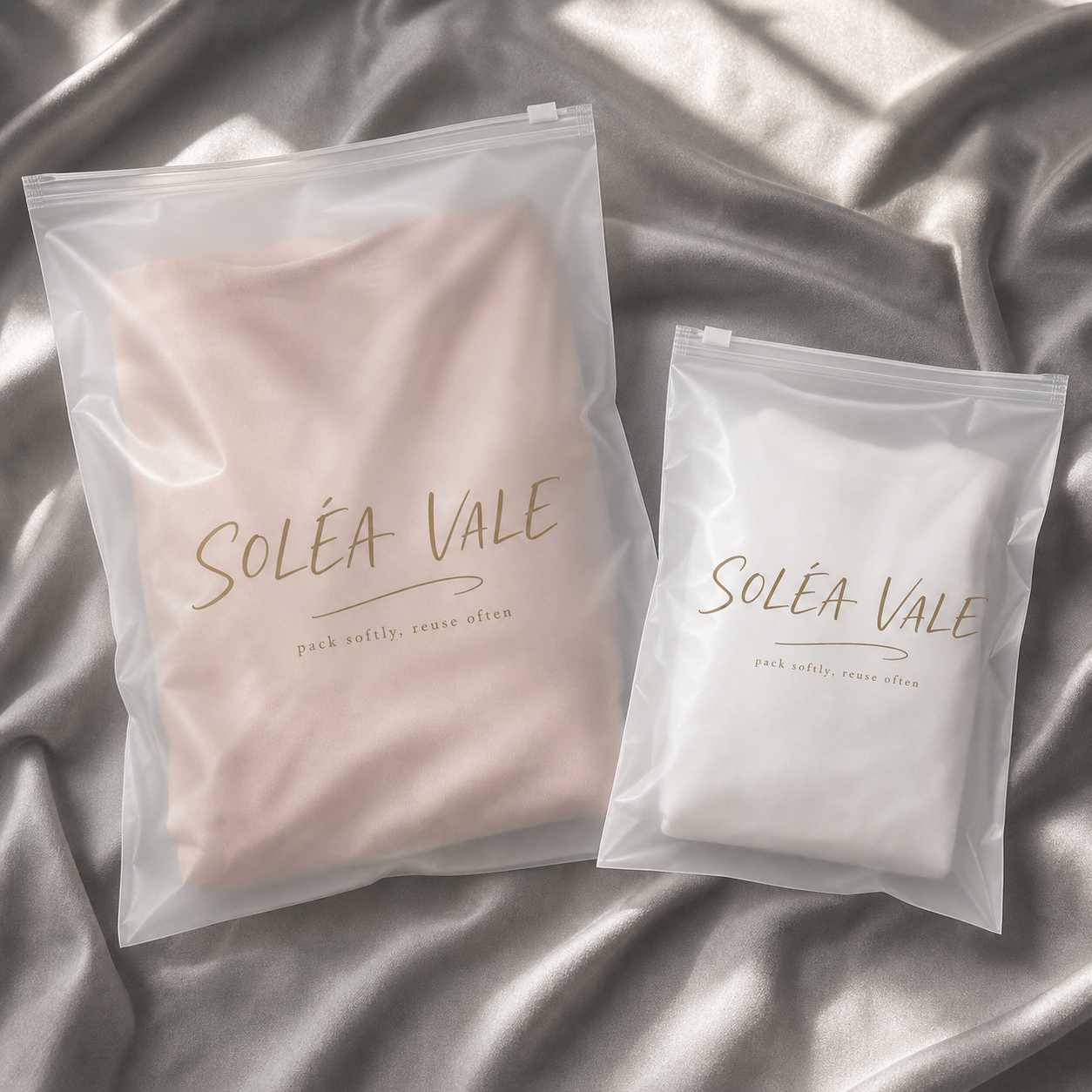 Two custom frosted zipper bags with gold logo for reusable retail packaging