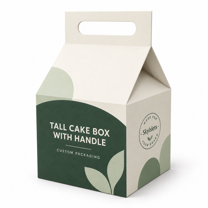 Custom printed gable-top cake carrier box with a peaked roof shape and integrated handle.