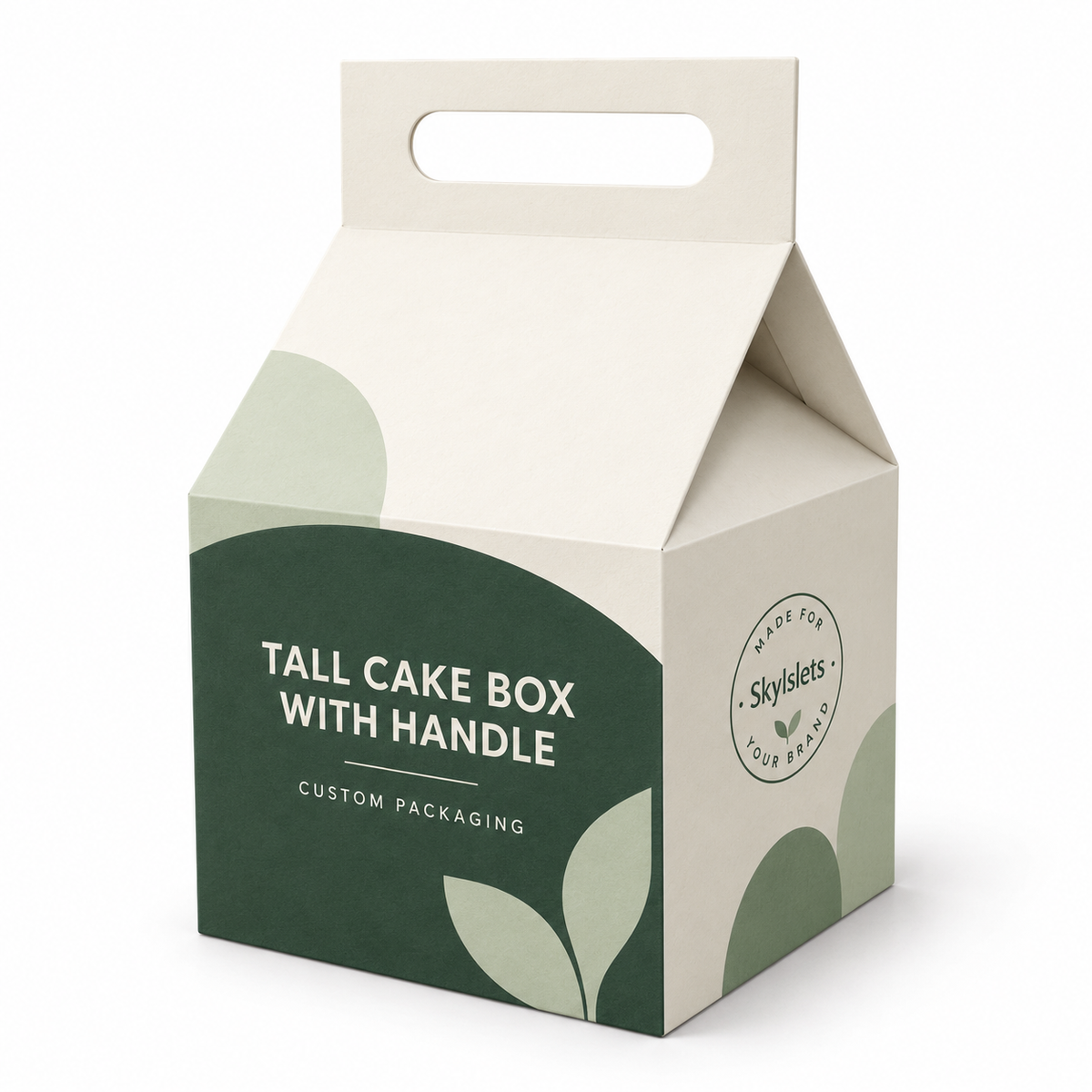 Custom printed gable-top cake carrier box with a peaked roof shape and integrated handle.
