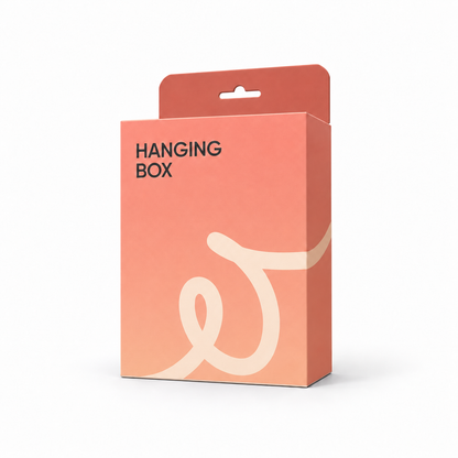 Custom printed tall folding carton with an extended hang tab and Euro-slot opening for retail peg display.