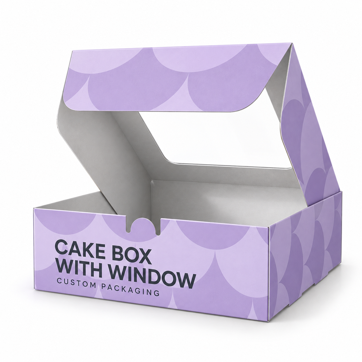 Custom printed hinged-lid cake box opened to show its clear top display window.