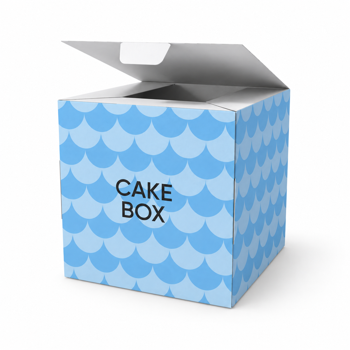 Custom printed solid paperboard cake box with an attached hinged lid shown open.