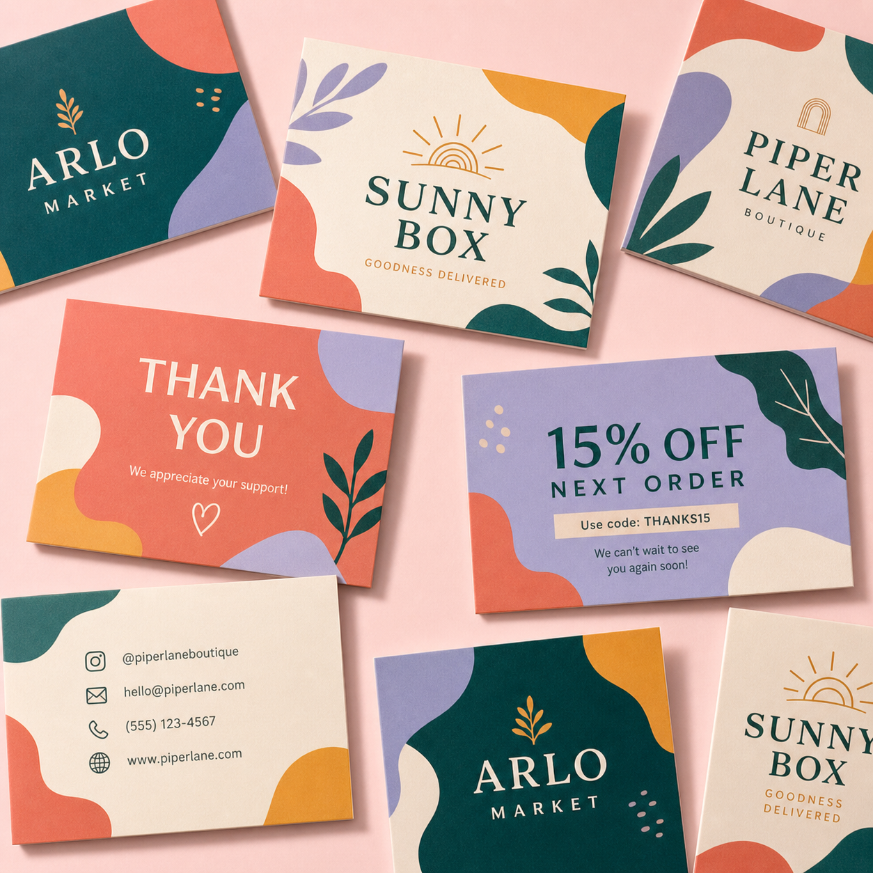 Custom insert cards with logo including thank you cards and discount cards for ecommerce orders