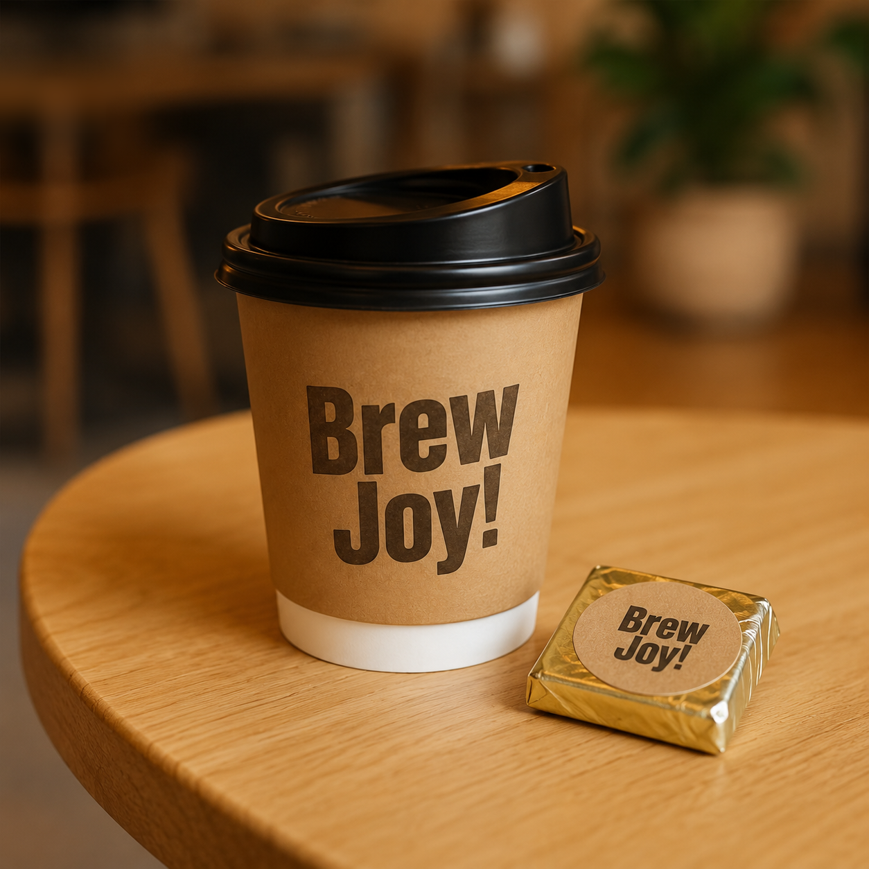 Custom printed kraft double wall paper hot cup with Brew Joy branding on wooden cafe table — branded insulated coffee cup with black lid