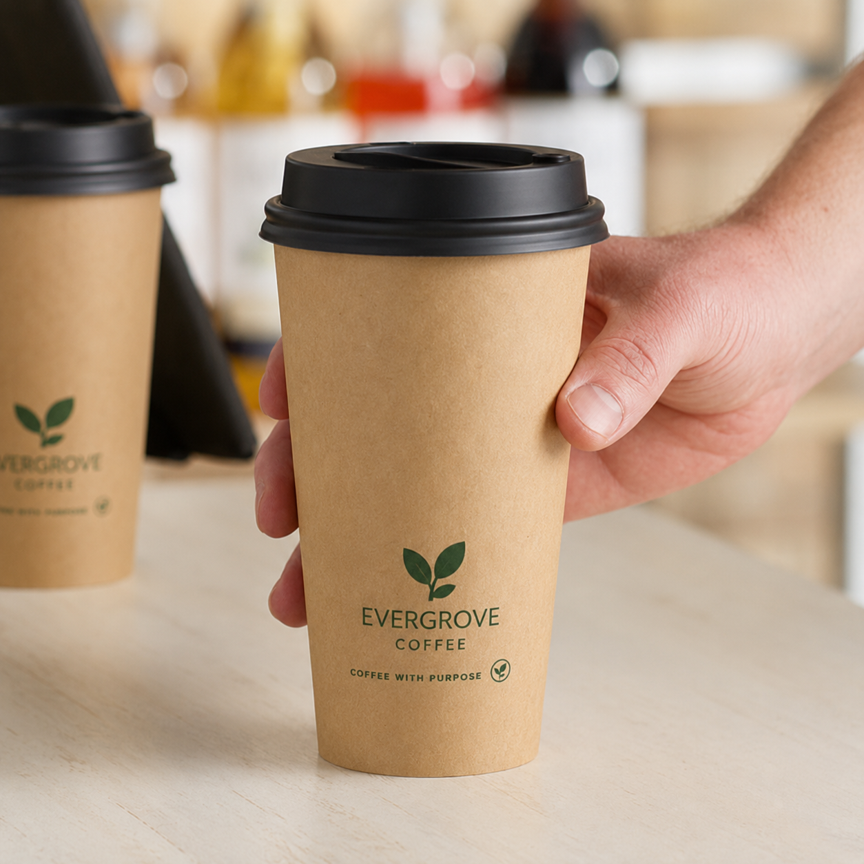 Hand holding custom printed kraft double wall paper hot cup with Evergrove Coffee logo and black lid — insulated takeaway coffee cup