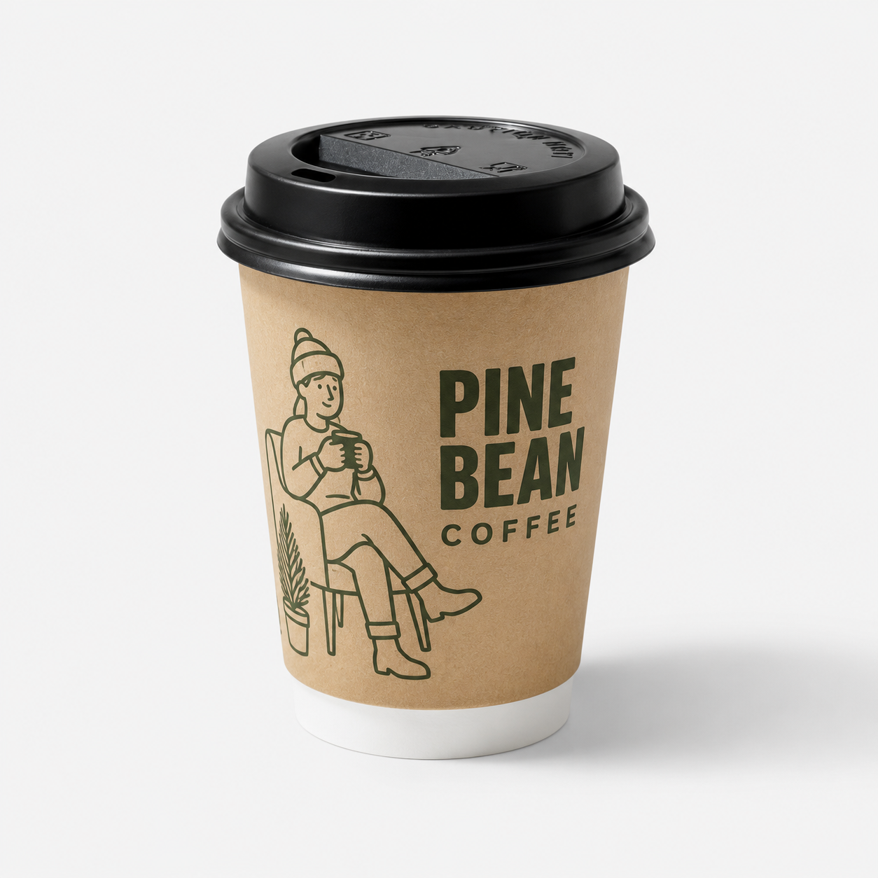 Custom kraft double wall paper hot cup with Pine Bean Coffee logo print and black sipper lid — branded takeaway coffee cup