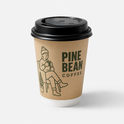 Custom kraft double wall paper hot cup with Pine Bean Coffee logo print and black sipper lid — branded takeaway coffee cup