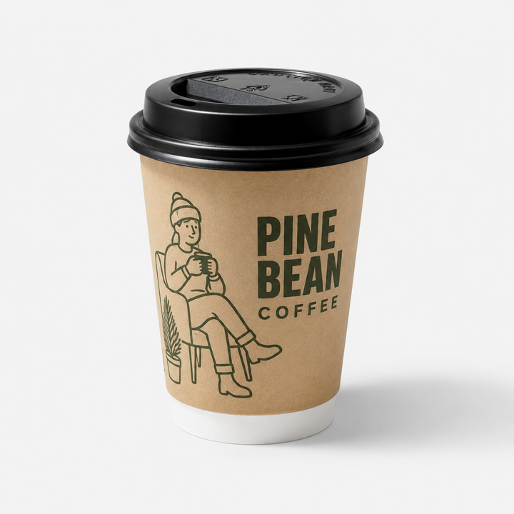 Custom kraft double wall paper hot cup with Pine Bean Coffee logo print and black sipper lid — branded takeaway coffee cup