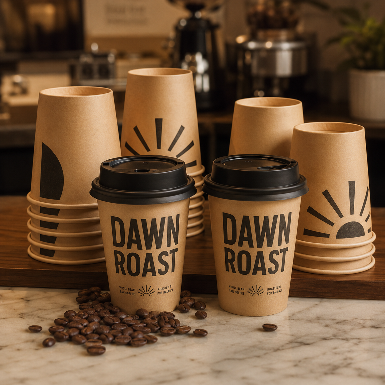 Custom kraft double wall paper hot cups with Dawn Roast logo print stacked on cafe counter with coffee beans — branded coffee packaging