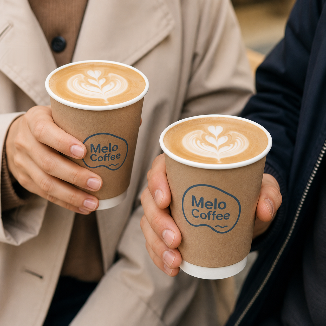 Two hands holding custom printed kraft double wall paper hot cups with Melo Coffee logo and latte art — branded cafe cups