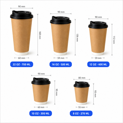 Custom kraft double wall paper hot cups size chart — 8oz, 10oz, 12oz, 16oz and 22oz with dimensions in mm