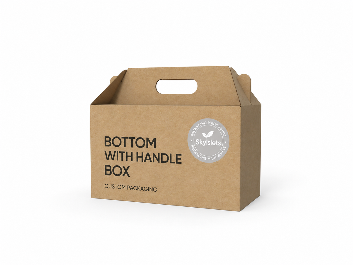 Custom kraft gable box with a built-in die-cut carry handle for gifts and takeout packaging.