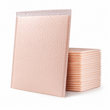 Nude pink color option reference for custom matte bubble mailers with cushioned bubble lining and seal flap.