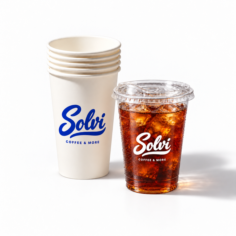 Branded paper coffee cup and clear plastic iced drink cup