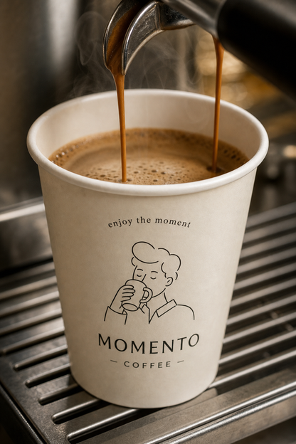 Custom paper hot cup with logo close up showing espresso pour steam and food service paperboard texture