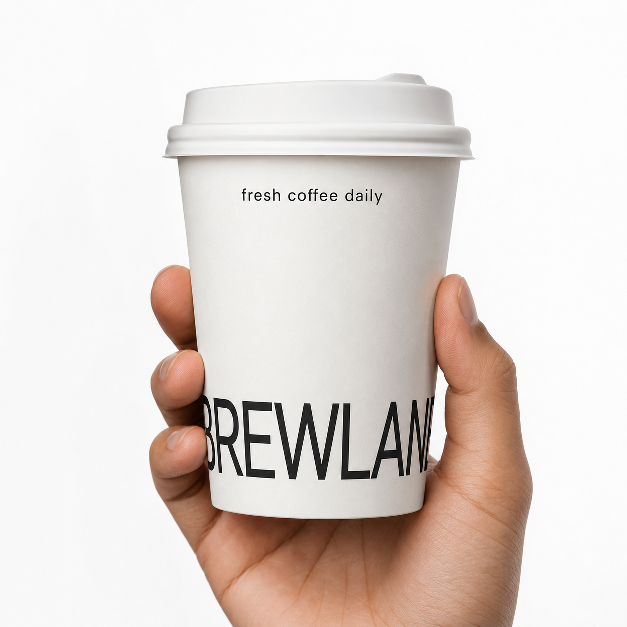 Handheld custom paper hot cup with logo and lid for branded takeaway coffee packaging