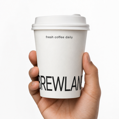 Handheld custom paper hot cup with logo and lid for branded takeaway coffee packaging
