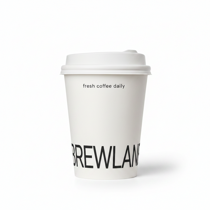 Handheld custom paper hot cup with logo and lid for branded takeaway coffee packaging