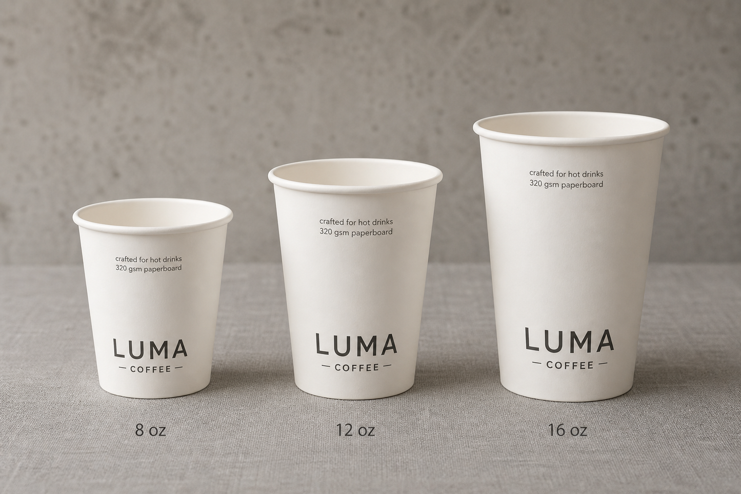Custom paper hot cups with logo showing 8 oz 12 oz and 16 oz disposable coffee cup size options
