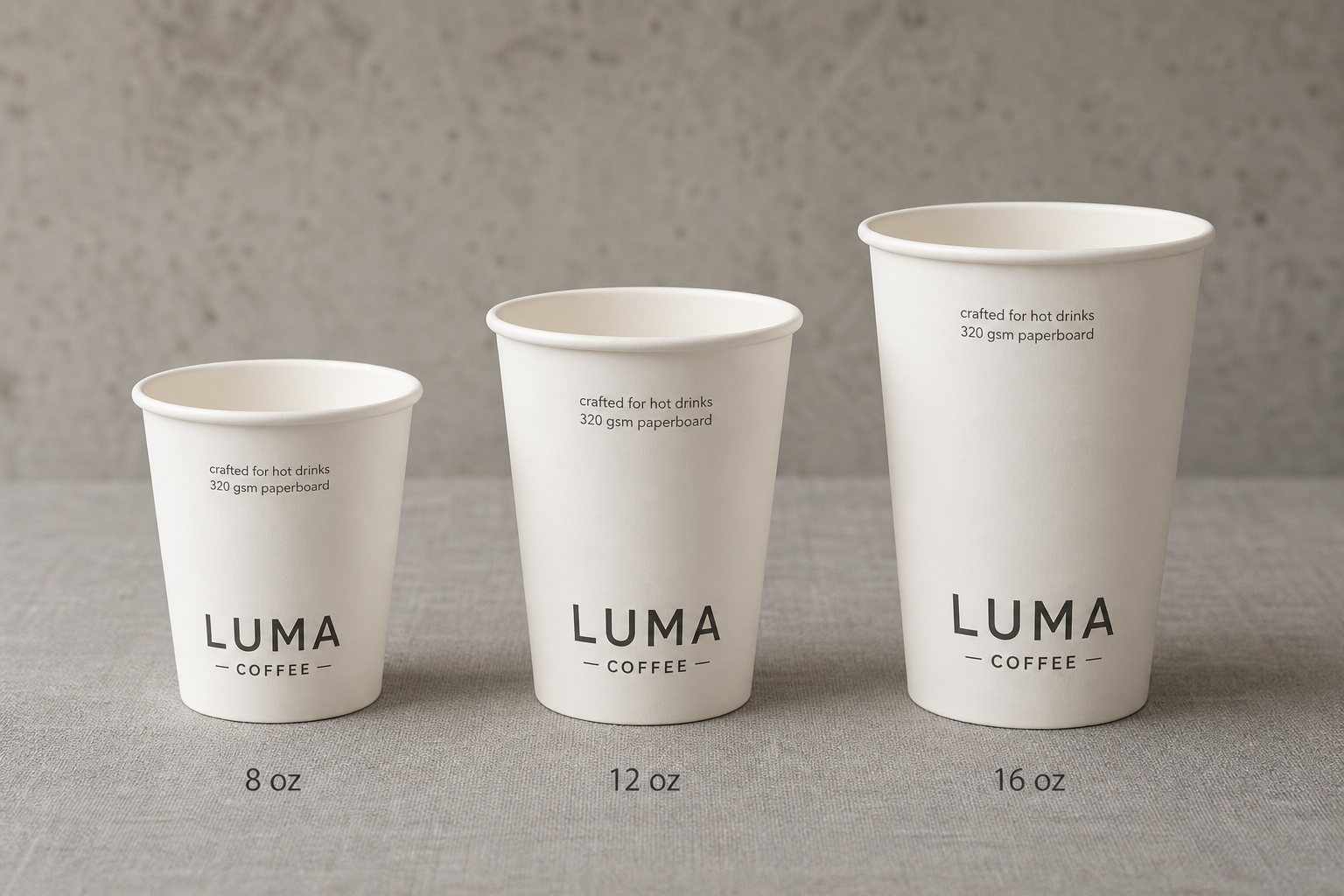 Custom paper hot cups with logo showing 8 oz 12 oz and 16 oz disposable coffee cup size options