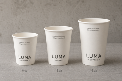 Custom paper hot cups with logo showing 8 oz 12 oz and 16 oz disposable coffee cup size options