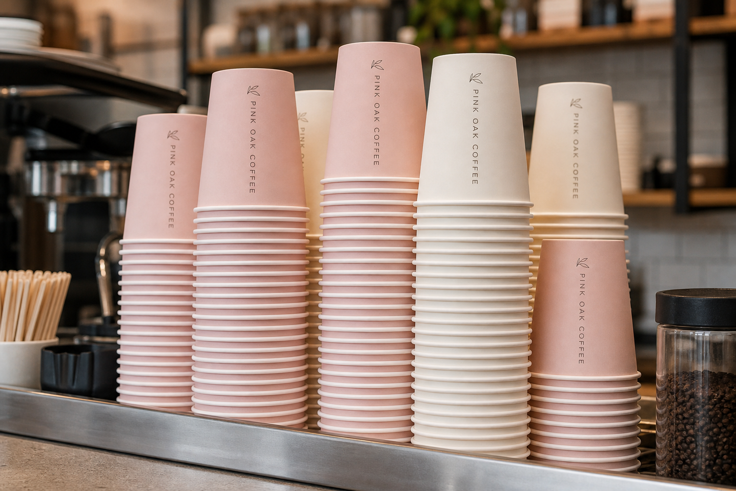 Stacked custom paper hot cups with logo for cafes coffee shops and takeaway beverage programs