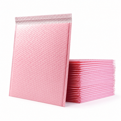 Pink color option reference for custom matte bubble mailers with protective bubble padding and self-seal flap.