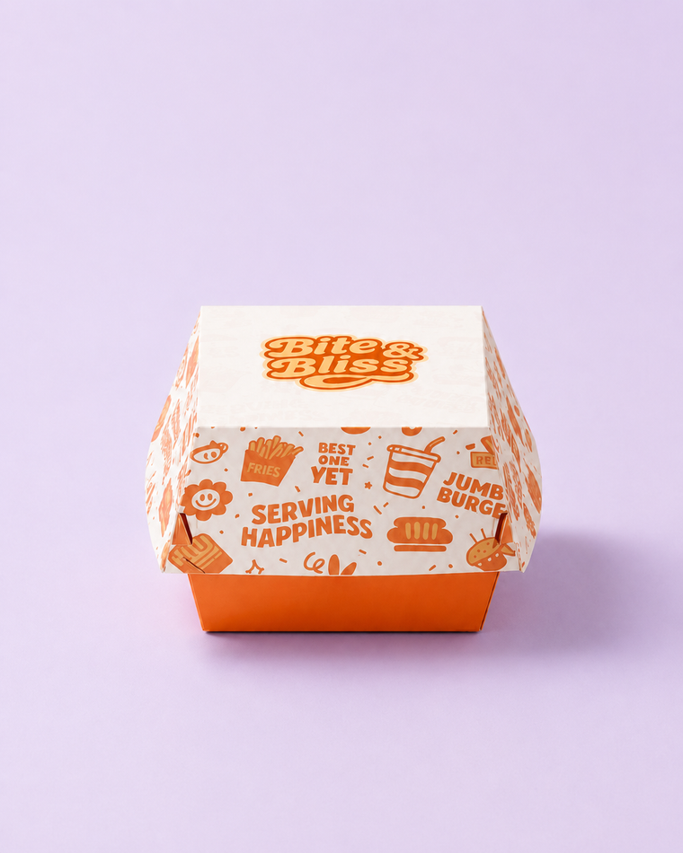 Custom printed burger box with branded design – personalized food packaging for restaurants