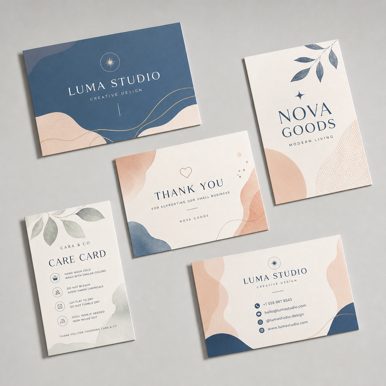 Custom printed cards with logo showing care cards brand cards and contact insert cards